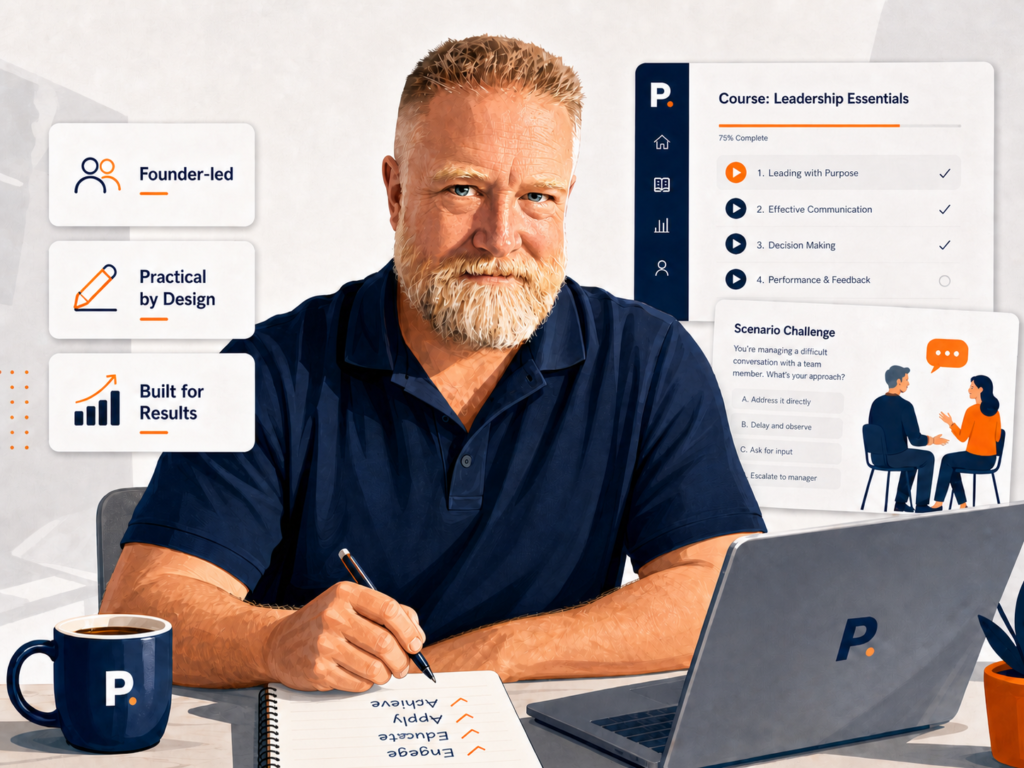 Illustration of Simon Peppercorn developing eLearning materials