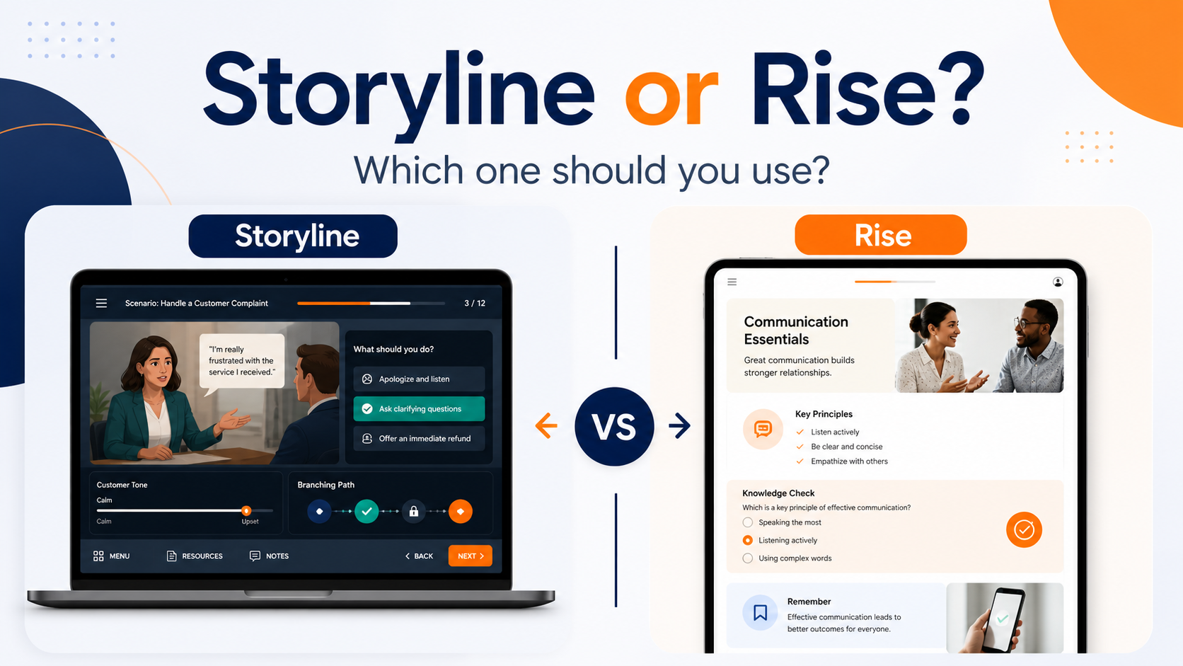 Storyline or Rise eLearning comparison showing a custom interactive scenario beside a responsive course layout.